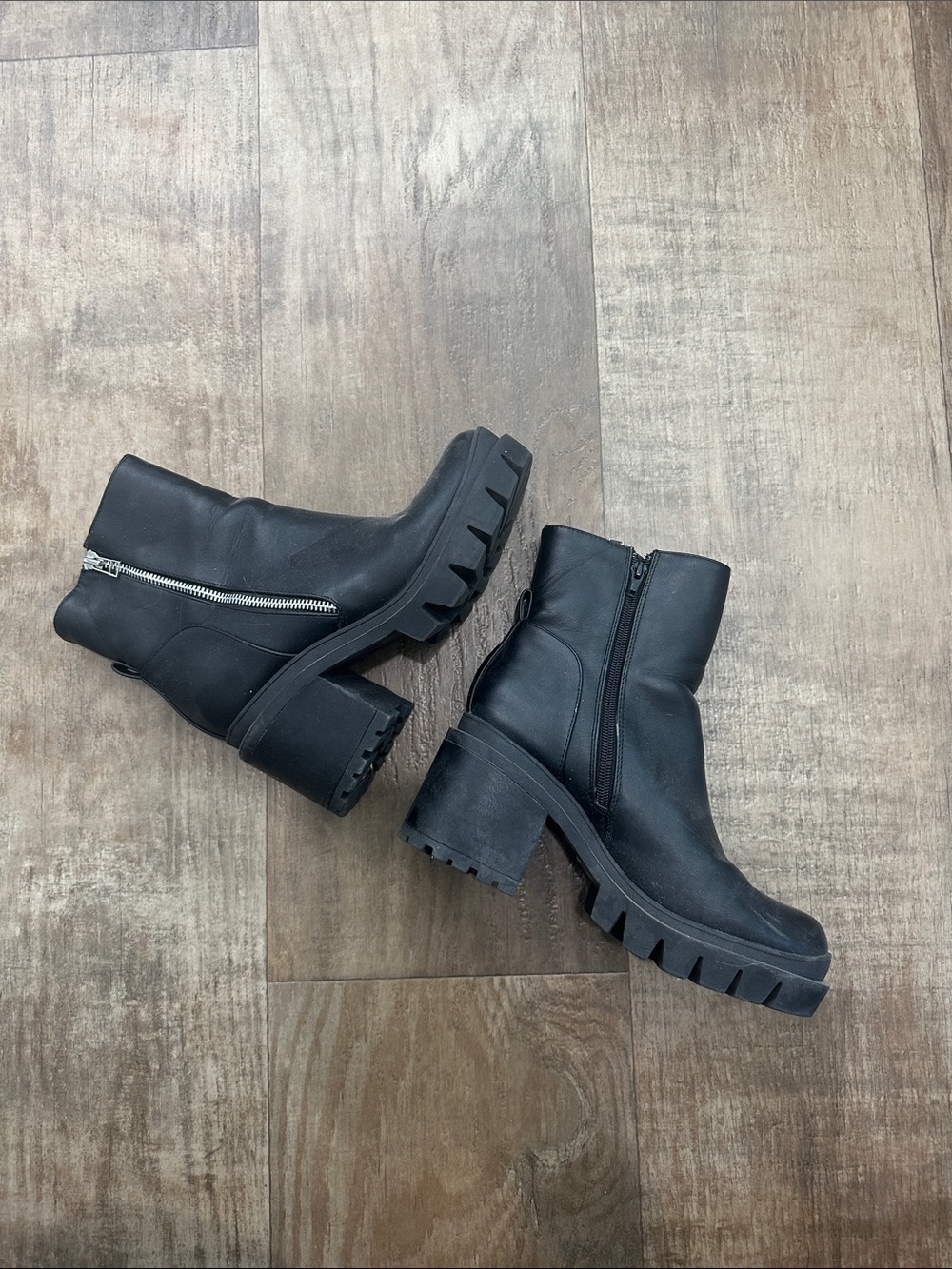 Chunky Black Leather Ankle Boots with Zipper